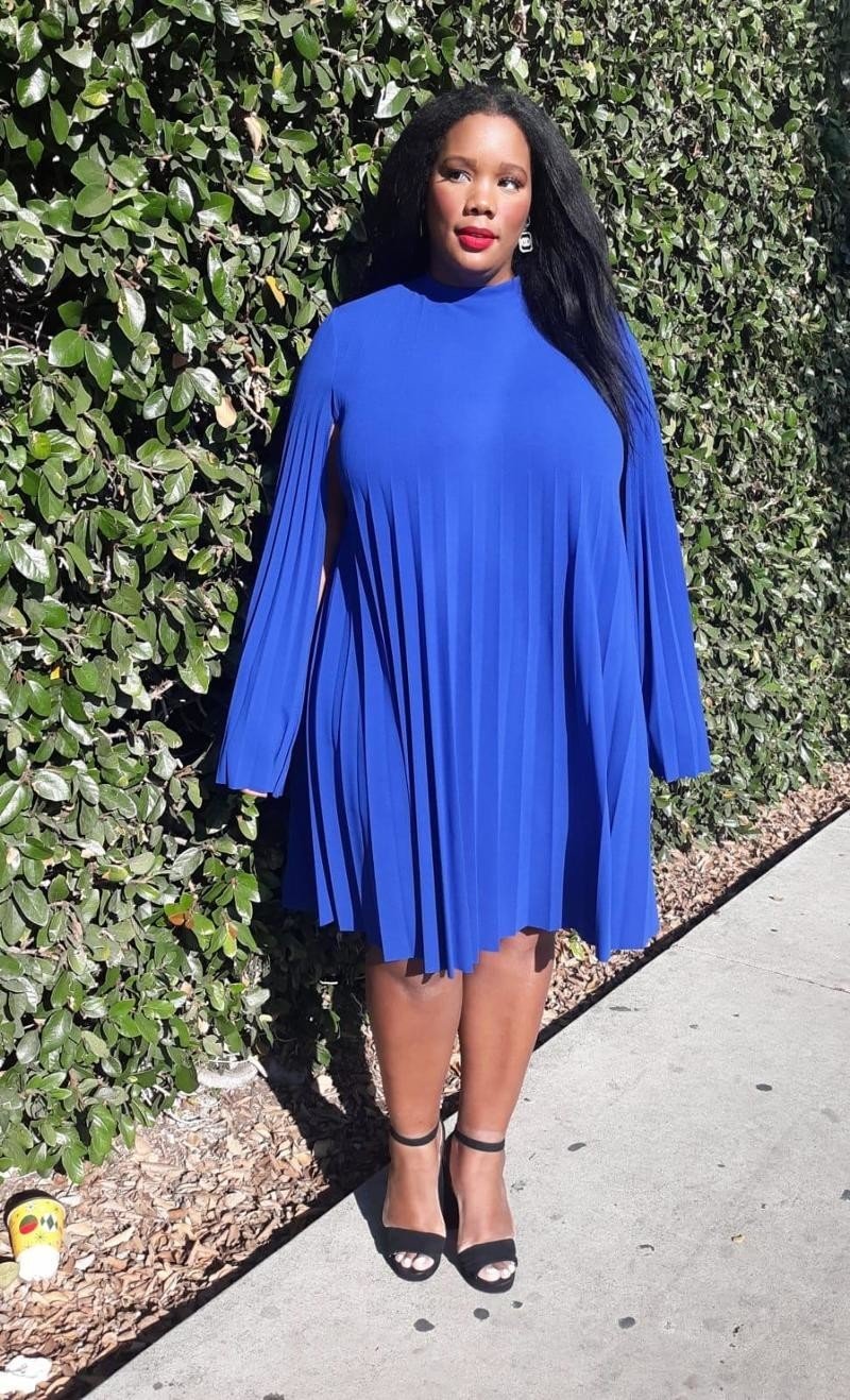 HI Curvy Plus Size Mock Neck Cape Sleeve  Keyhole Back Pleated Knee Dress