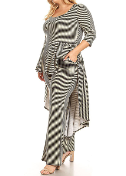 HI Curvy Plus Size Women Striped Hi- Low Peplum Top & Pants Set