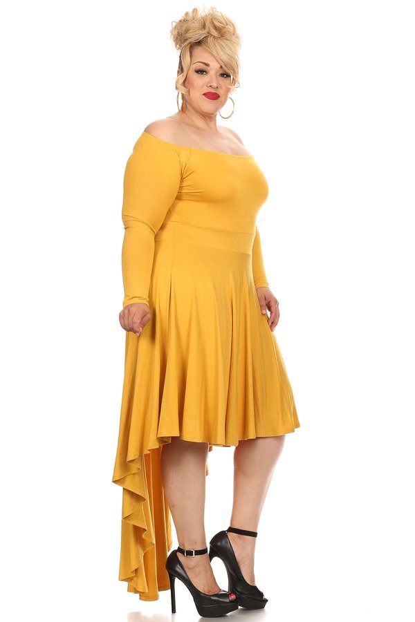 Hi Curvy Plus Size Women Off Shoulder Hi-Lo Tie Solid Midi Dress