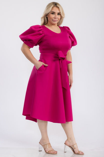 Plus Size Puffy sleeves Flare Knee Dresses With Pockets