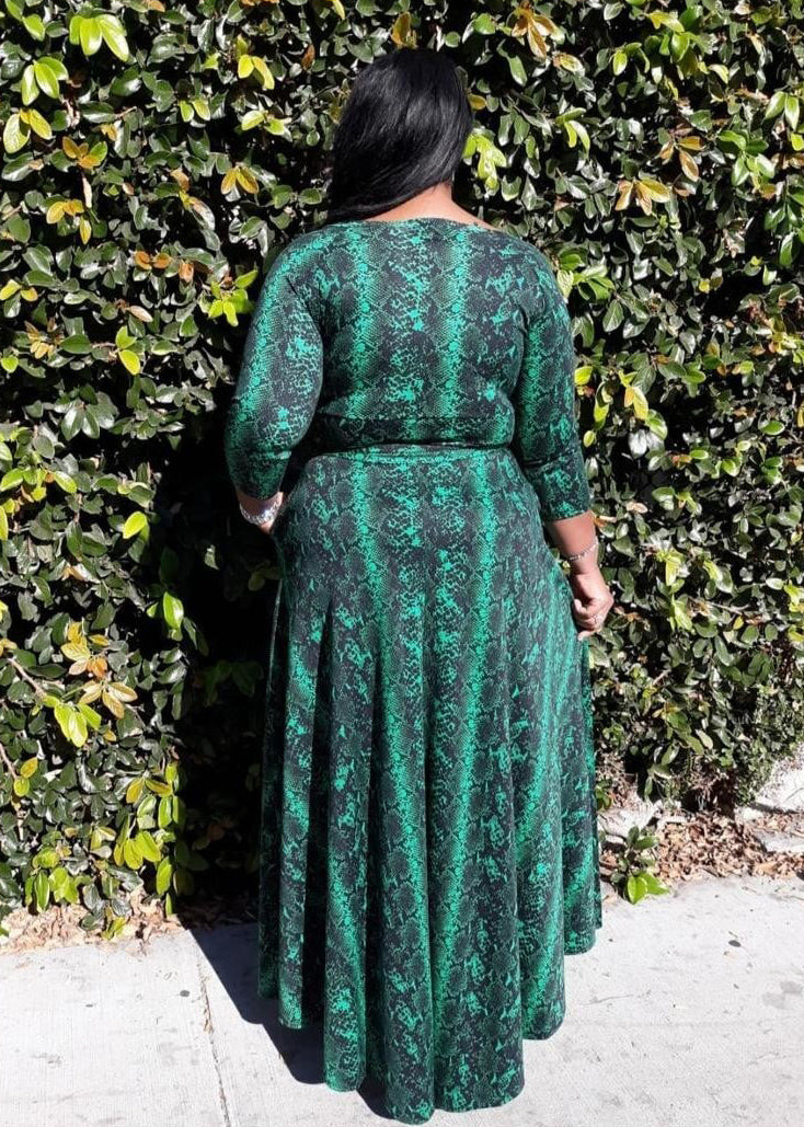 Plus Size Animal Skin Print Flare Maxi Dress with Pockets and Belt