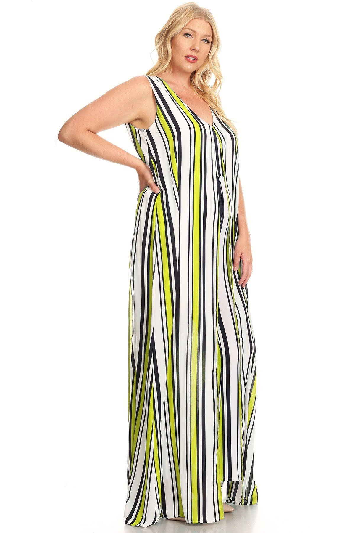 Plus Size Stripe Print Sleeveless Split Layer Caped Jumpsuit