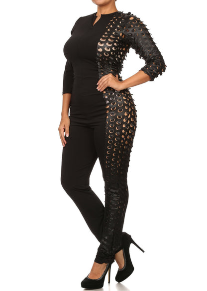 Plus Size Women Faux Leather Cutouts One Sided Contrast Jumpsuit