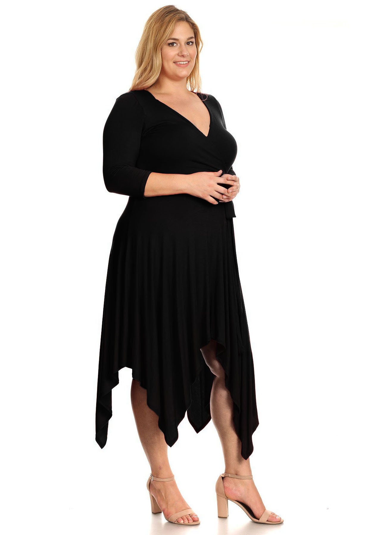 Plus Size women Asymmetric Pleated hem Wrapped Flare Midi Dress 3/4 Sleeves