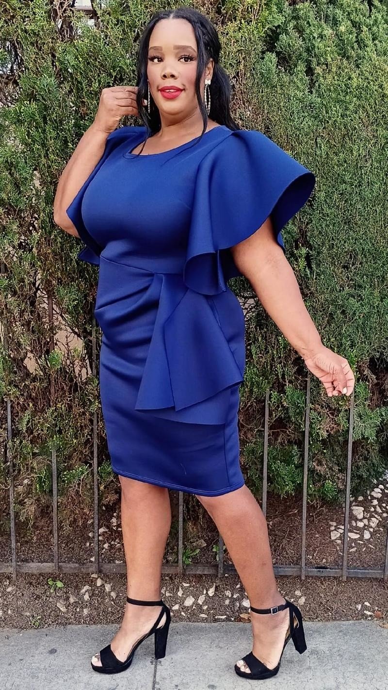 Plus Size Women Ruffle Shoulder Peplum Midi Dress Asymmetric layered hem