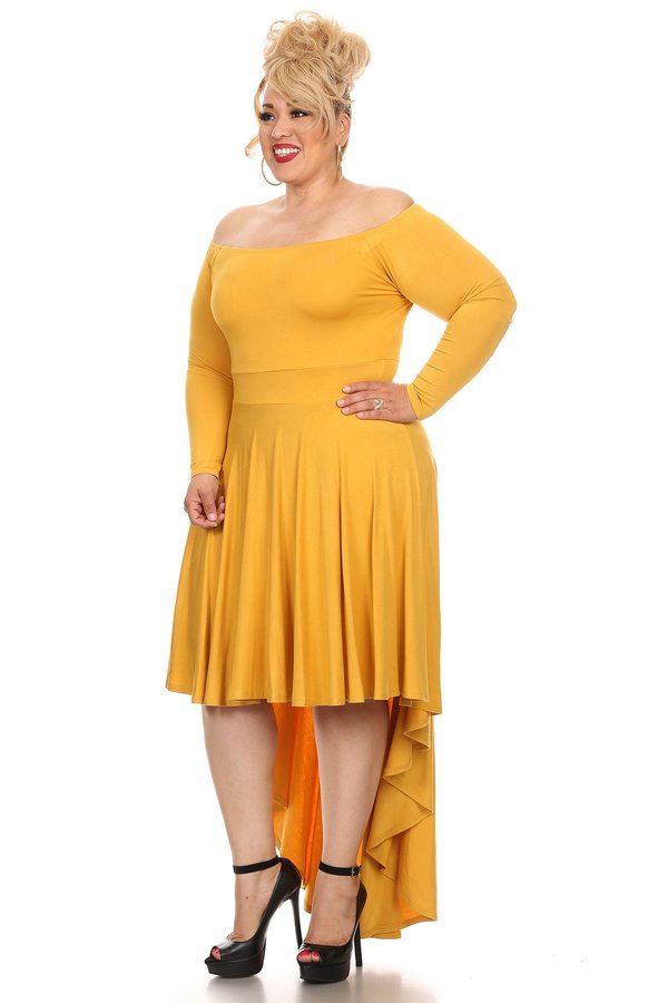 Hi Curvy Plus Size Women Off Shoulder Hi-Lo Tie Solid Midi Dress