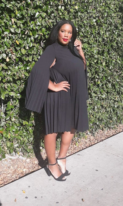 HI Curvy Plus Size Mock Neck Cape Sleeve  Keyhole Back Pleated Knee Dress