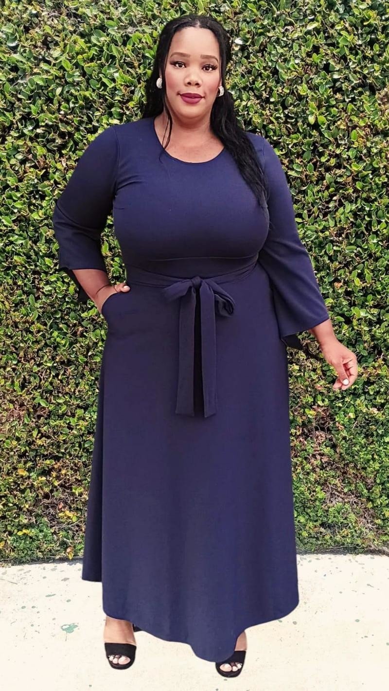 Plus Size Bell Sleeves Round Neck Maxi Flare Dress With Belt and Pockets