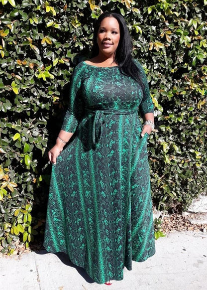 Plus Size Animal Skin Print Flare Maxi Dress with Pockets and Belt