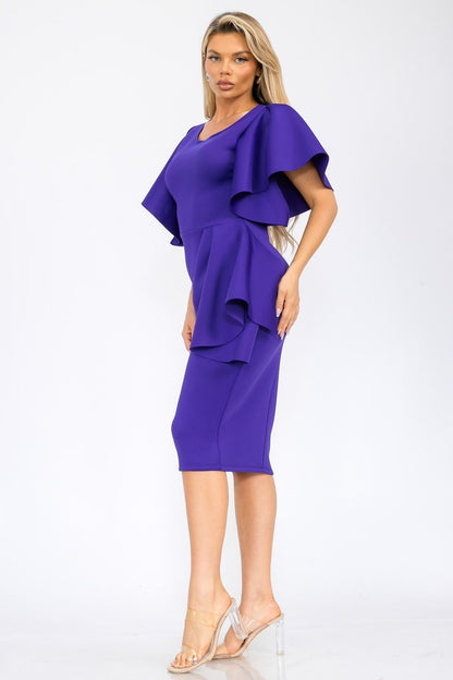 Women chic knee-length piece with elegant ruffle sleeves and a draped detail on the side