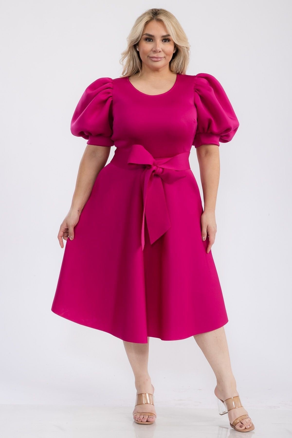 Plus Size Puffy sleeves Flare Knee Dresses With Pockets