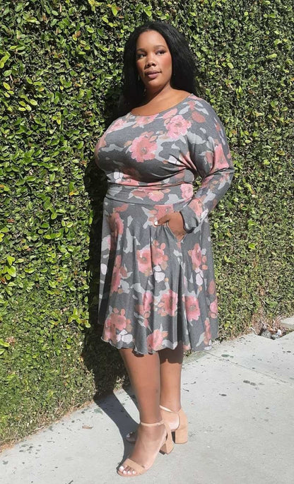 Plus Size Floral Print Long Sleeves Top and Skirt sets With Pockets