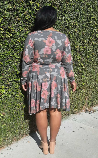 Plus Size Floral Print Long Sleeves Top and Skirt sets With Pockets