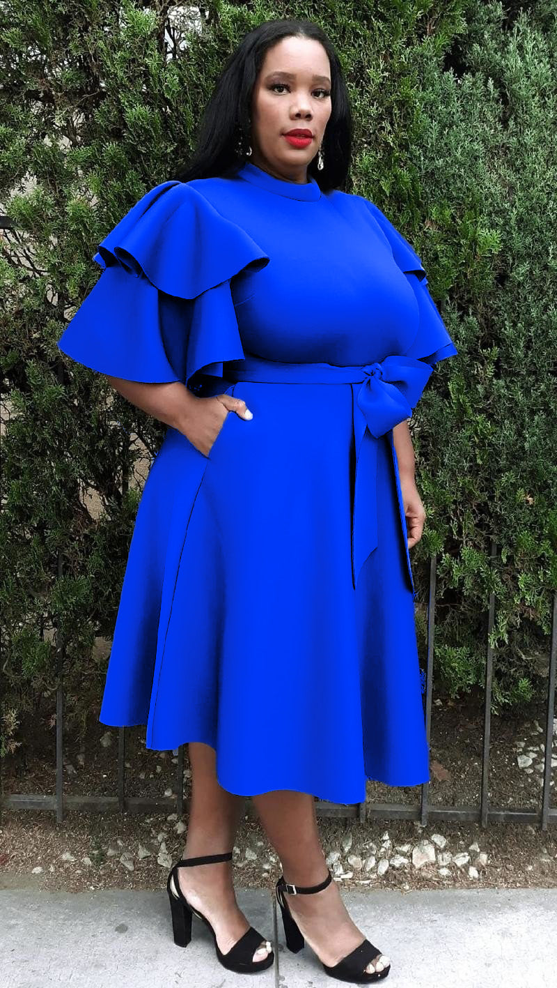 Plus Size Extravagant Fit and Flare Midi Dress With Belt