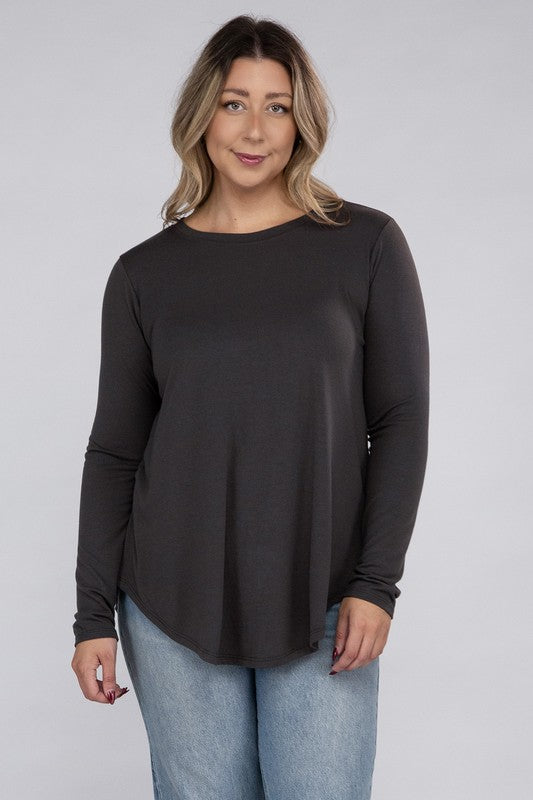 Hi Curvy Plus Size Women Long Sleeve Round Neck Round Hem Top