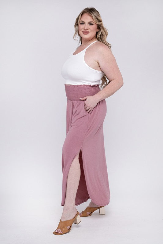 Hi Curvy Plus Size Women Smocked Waist Side Slit Maxi Skirt w/ Pockets