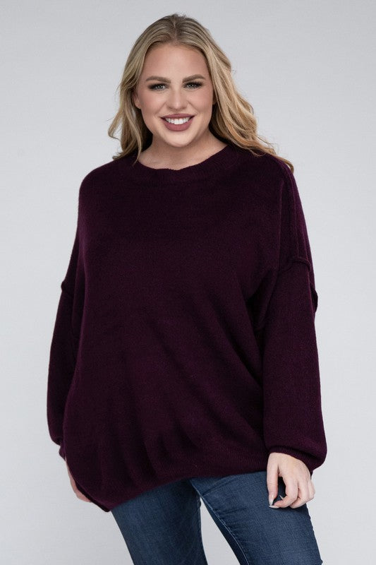 HI Curvy Plus Size Women Oversized Round Neck Raw Seam Melange Sweater