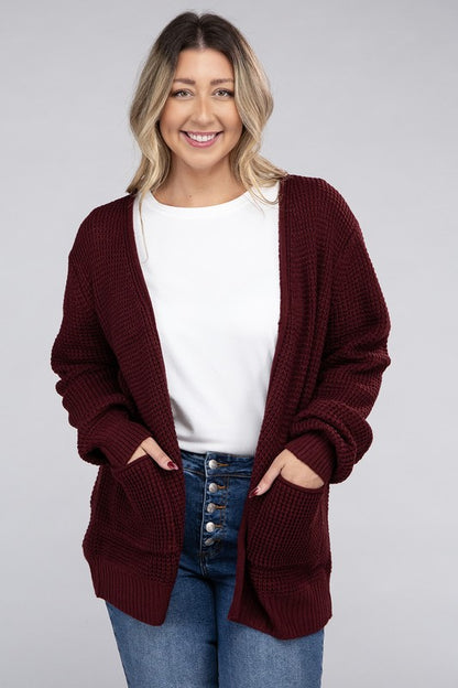 HI Curvy Plus Size Women Low Gauge Waffle Open Cardigan Sweater