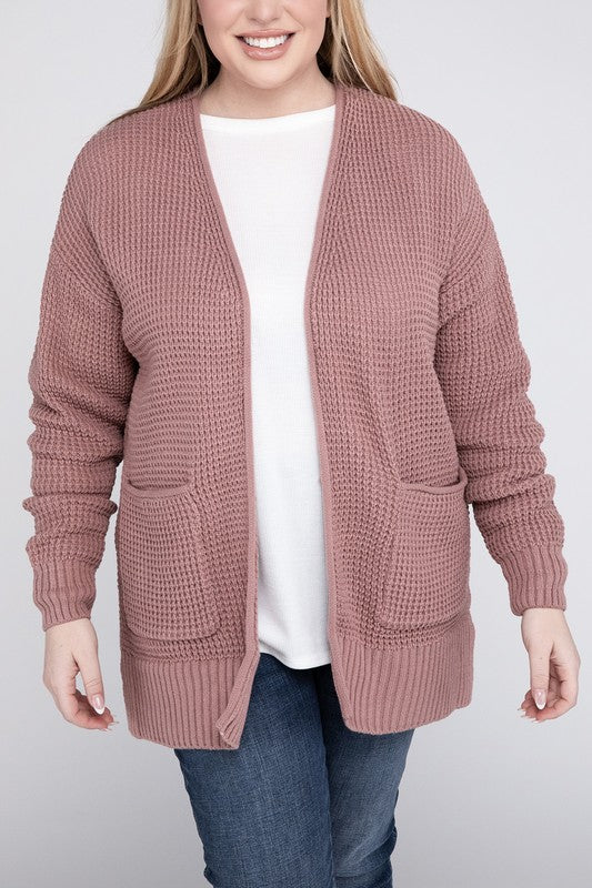 Hi Curvy Plus Size Women Low Gauge Waffle Open Cardigan Sweater