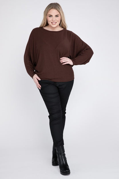 Hi Curvy Plus Size Women Ribbed Batwing Long Sleeve Boat Neck Sweater