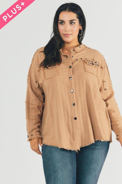 Hi Curvy Plus Size Women Distressed hem button down oversize shirt