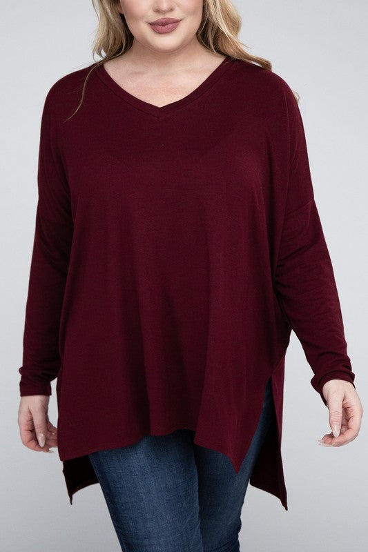 Hi Curvy Plus Size Women Dolman Sleeve V-Neck Side Slit Hi-Low Hem Top