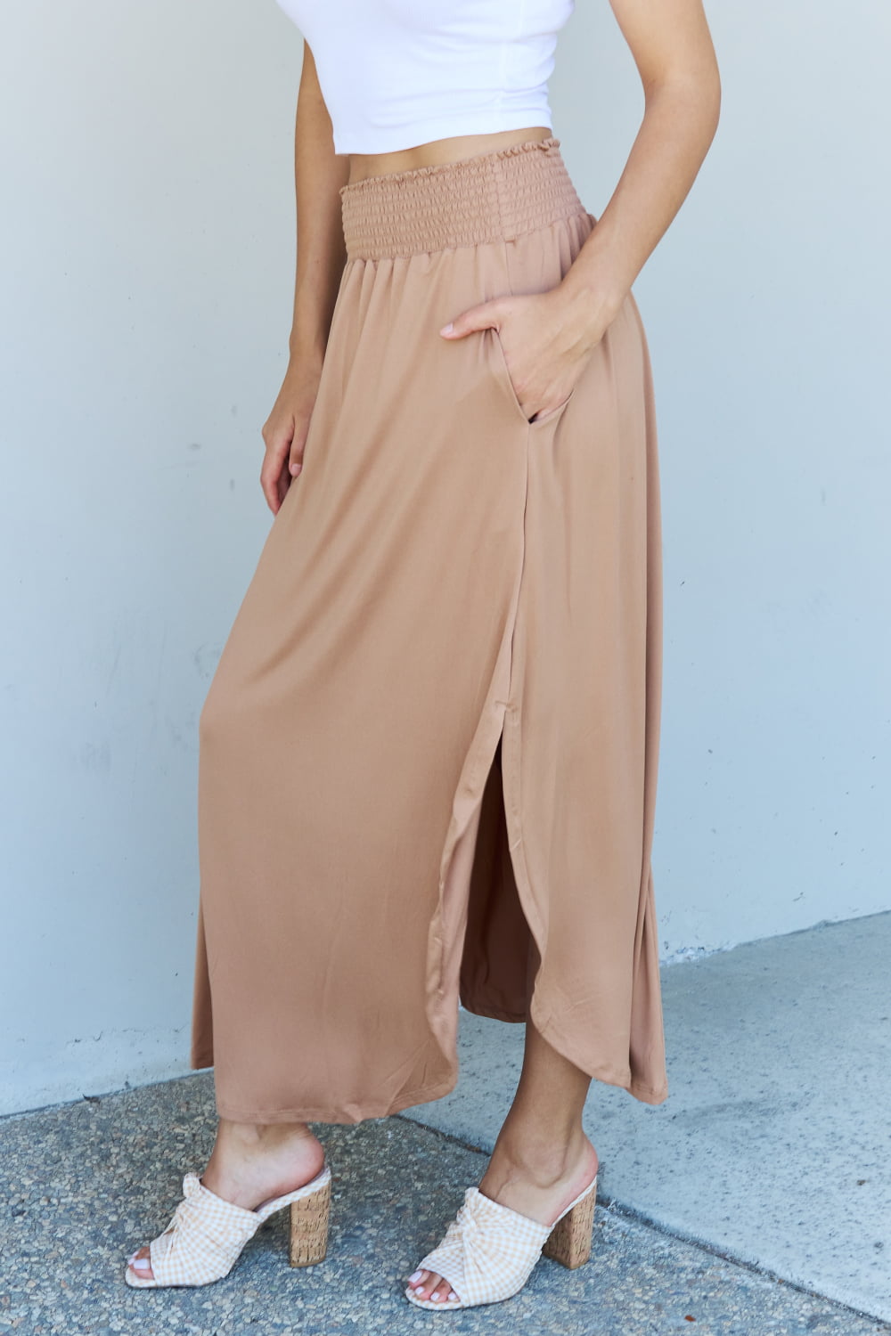 Full Size High Waist Scoop Hem Maxi Skirt in Tan