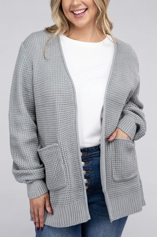 HI Curvy Plus Size Women Low Gauge Waffle Open Cardigan Sweater