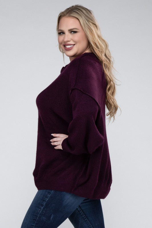 HI Curvy Plus Size Women Oversized Round Neck Raw Seam Melange Sweater