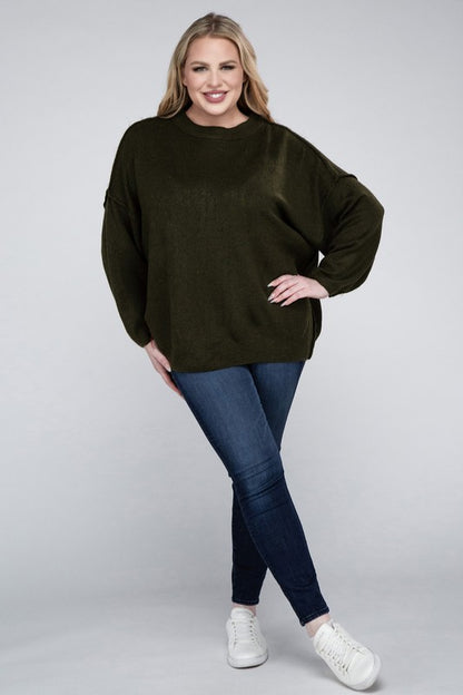 HI Curvy Plus Size Women Oversized Round Neck Raw Seam Melange Sweater