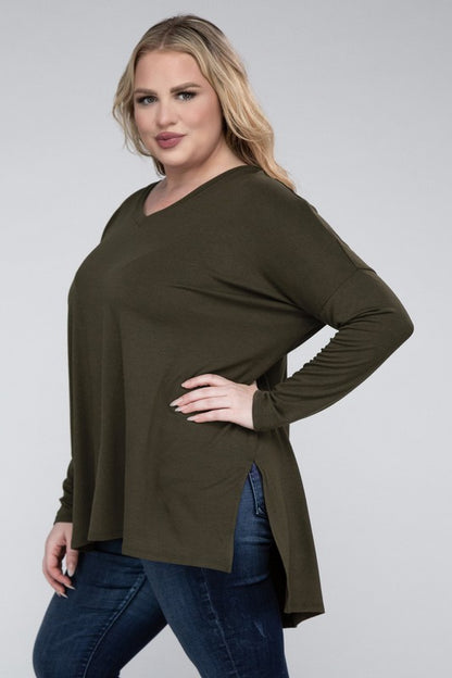 Hi Curvy Plus Size Women Dolman Sleeve V-Neck Side Slit Hi-Low Hem Top