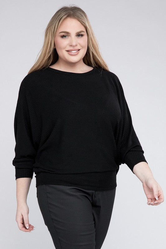 Hi Curvy Plus Size Women Ribbed Batwing Long Sleeve Boat Neck Sweater