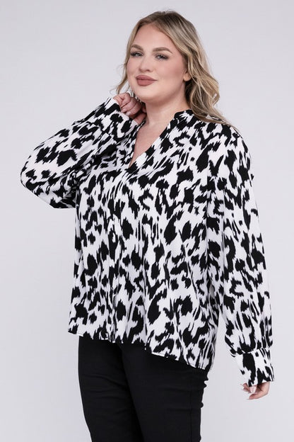 HI Curvy Plus Size Women Leopard Notched Neckline Blouse