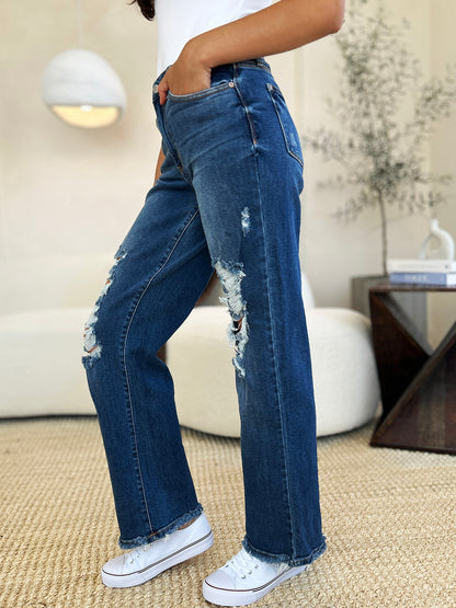 HI Curvy  Full Size Women Mid Rise Distressed Raw Hem Jeans