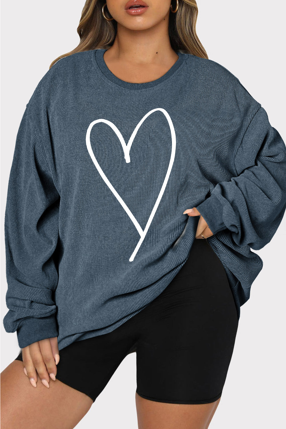 Hi Curvy Plus Size Women Heart Ribbed Round Neck Sweatshirt