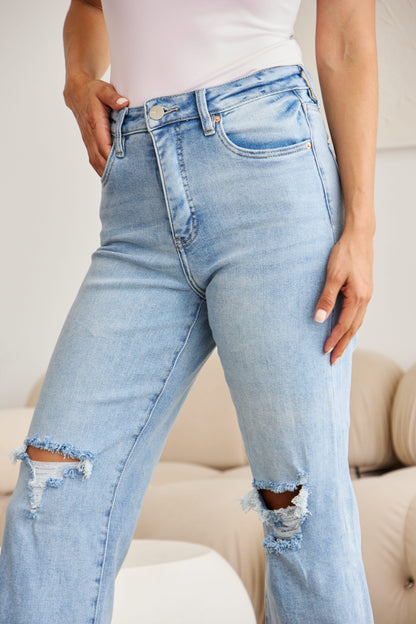 Full Size Tummy Control High Waist Raw Hem Distressed Jeans