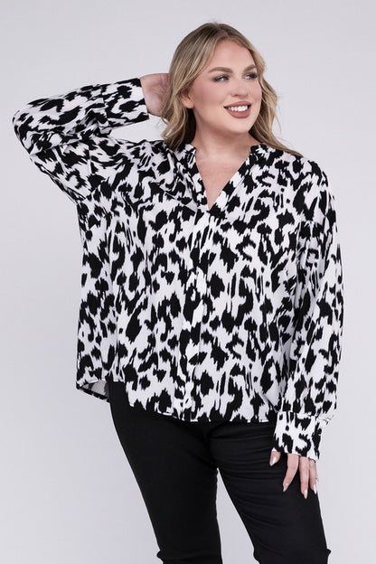 HI Curvy Plus Size Women Leopard Notched Neckline Blouse