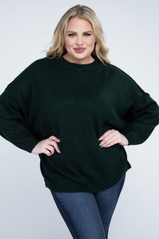 HI Curvy Plus Size Women Oversized Round Neck Raw Seam Melange Sweater