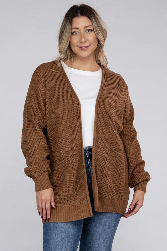 HI Curvy Plus Size Women Low Gauge Waffle Open Cardigan Sweater