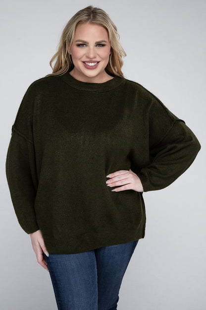 HI Curvy Plus Size Women Oversized Round Neck Raw Seam Melange Sweater