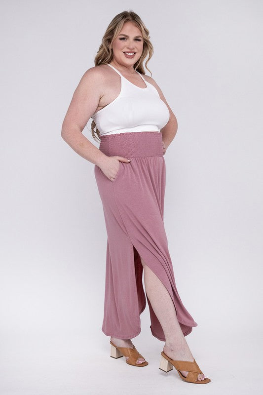 Hi Curvy Plus Size Women Smocked Waist Side Slit Maxi Skirt w/ Pockets