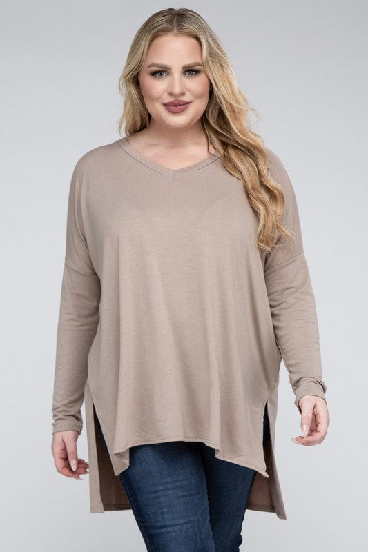 Hi Curvy Plus Size Women Dolman Sleeve V-Neck Side Slit Hi-Low Hem Top