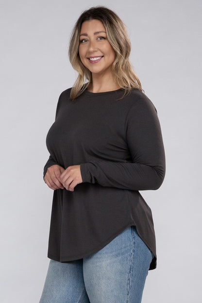 Hi Curvy Plus Size Women Long Sleeve Round Neck Round Hem Top