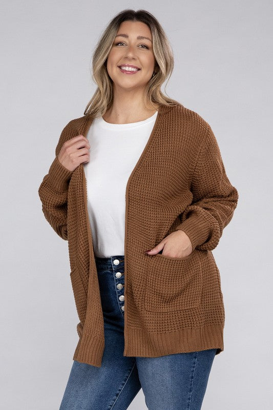 HI Curvy Plus Size Women Low Gauge Waffle Open Cardigan Sweater