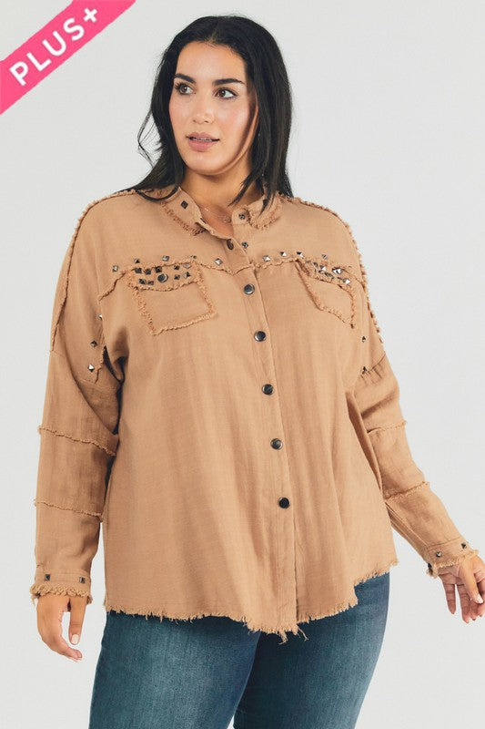 Hi Curvy Plus Size Women Distressed hem button down oversize shirt