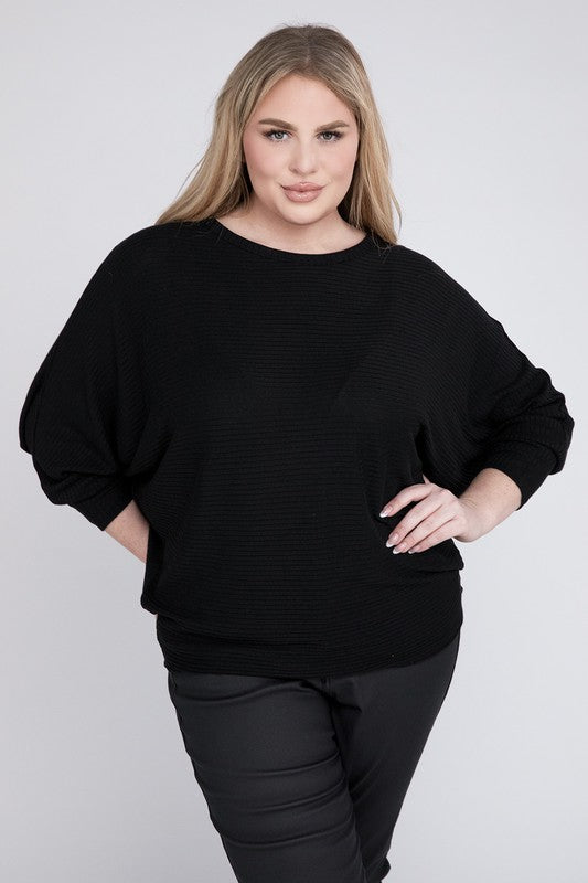 Hi Curvy Plus Size Women Ribbed Batwing Long Sleeve Boat Neck Sweater