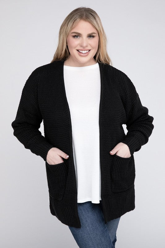 Hi Curvy Plus Size Women Low Gauge Waffle Open Cardigan Sweater