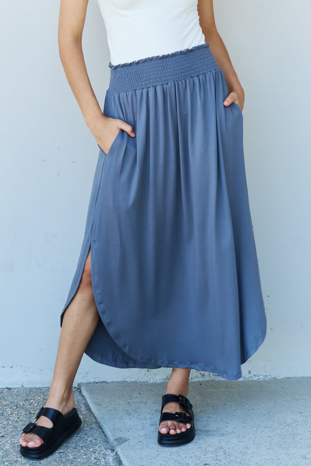 Full Size High Waist Scoop Hem Maxi Skirt in Charcoal