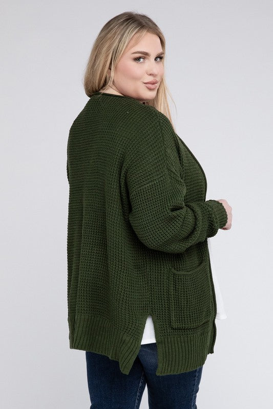 Hi Curvy Plus Size Women Low Gauge Waffle Open Cardigan Sweater