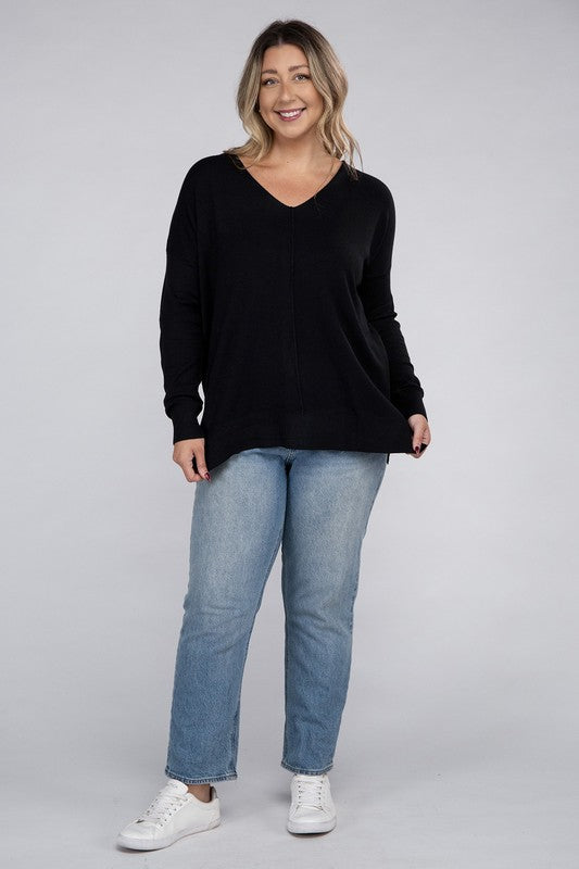 Hi Curvy Plus Size Women Garment Dyed Front Seam Sweater